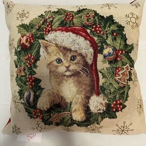 Caldeira Christmas Cat Tapestry Pillow Kitten Santa Hat Wreath Red Velvet